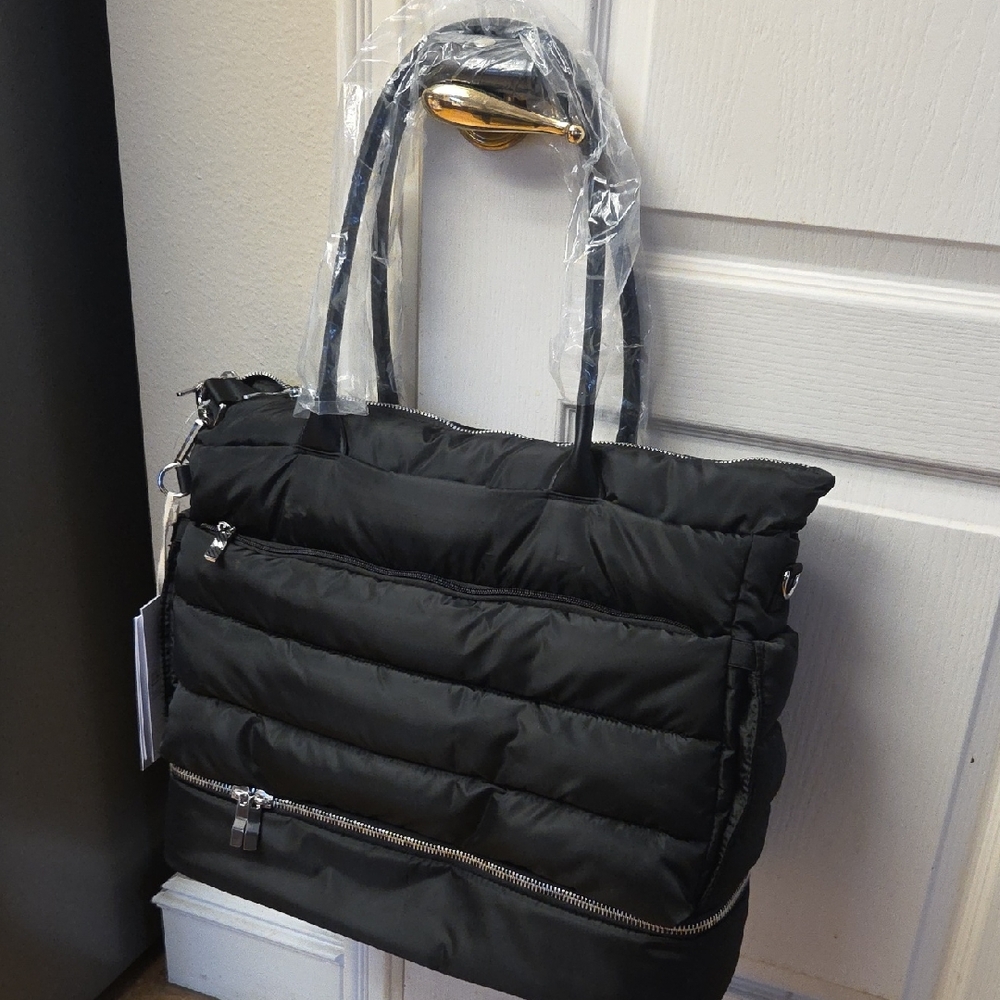 Padded Quilted Black Tote Bag with Zip Pocket